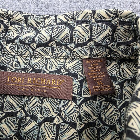 Tori Richard Shirt Mens XL Black Tan Fish Print Aloha Hawaiian Made in USA Camp - Picture 3 of 15